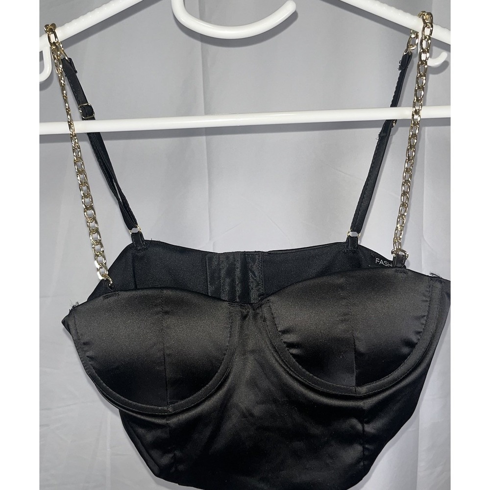 Fashion Nova Bustier Crop Top Gold Chain Straps Y2K Clubwear Black XS